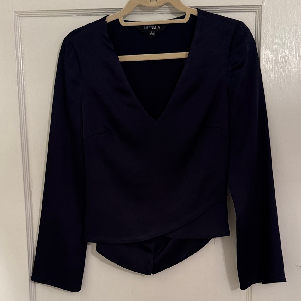 INTERMIX Deep Blue V-Neck Silk Blouse